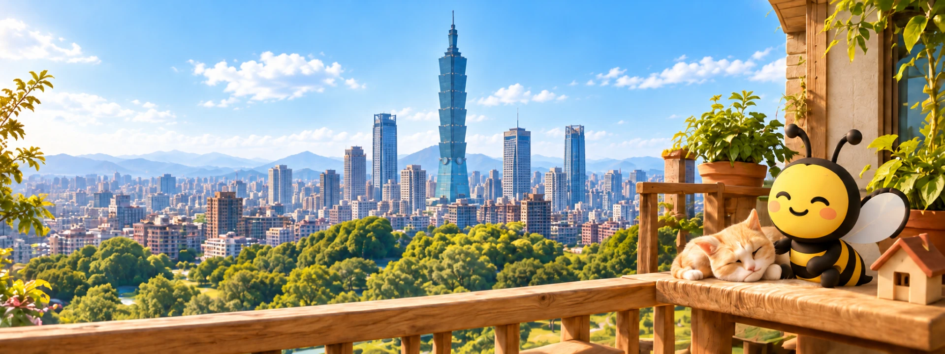 台北城市全景,陽台上的蜜蜂與貓咪